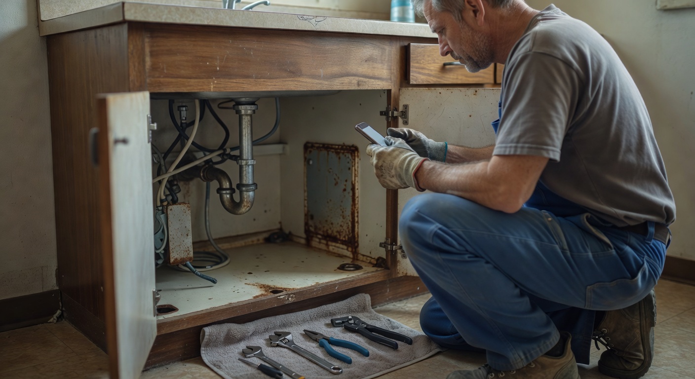 A plumber kneeling at an under-sink cabinet, holding a phone to capture the job outcome.