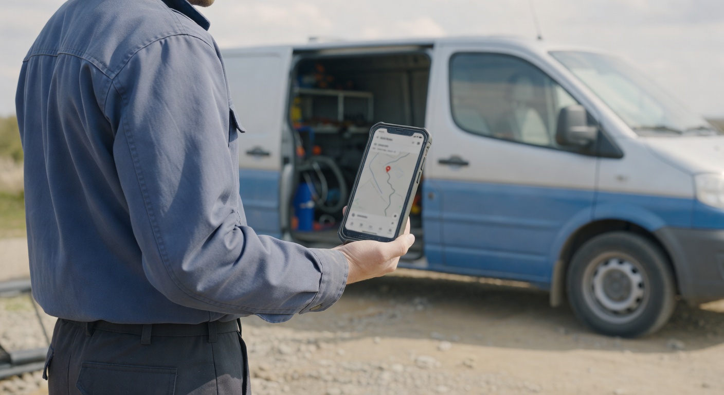 A field technician holding a phone that shows a route map and destination pin.