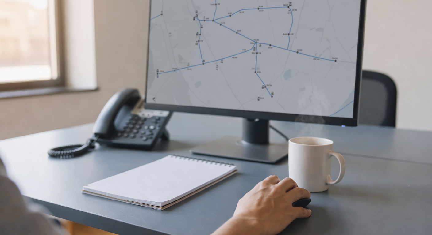 A dispatcher's desk: large monitor showing a road map with route lines and vehicle icons.
